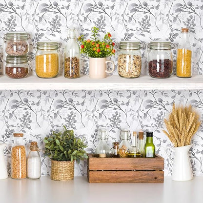 Orainege Gray Floral Wallpaper Peel and Stick Wallpaper Self Adhesive Floral Contact Paper Waterproof 17.7 in ×393.7 in Removable Wall Paper for Bedroom Bathroom Cabinets Decor