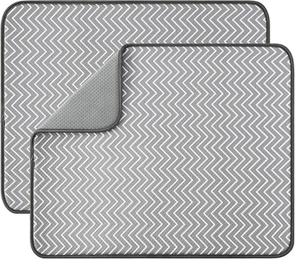 SUBEKYU Dish Drying Mat for Kitchen Counter, Microfiber Absorbent Dishes Drainer/Rack Pads under Sink, 19.6 by 16.1 inches, Set of 2, Grey, Ripple
