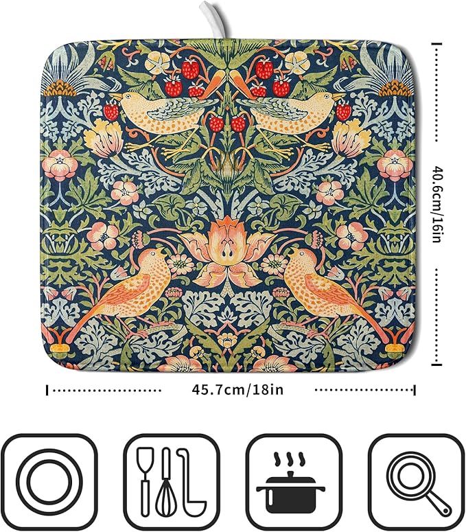 Navy Blue Sage Green Chinoiserie Dish Drying Pad 16 x 18 Inch With Absorbent Reversible Microfiber Vintage Strawberry Floral Bird Drying Mats Dish Drainer Mat Fast Dry For Kitchen