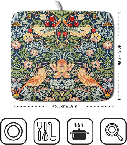 Navy Blue Sage Green Chinoiserie Dish Drying Pad 16 x 18 Inch With Absorbent Reversible Microfiber Vintage Strawberry Floral Bird Drying Mats Dish Drainer Mat Fast Dry For Kitchen