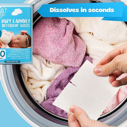 Baby Laundry Detergent Sheets for Infant, Toddler and Newborns, 80 Loads, Unscented – Gentle for Sensitive Skin - Washing Detergent for Baby Clothes