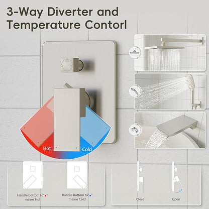 Gabrylly Shower System with Tub Spout, Wall Mounted Tub Shower Faucet Set for Bathroom with High Pressure 10" Rain Shower head and 3-Setting Handheld Shower Head Set, Brushed Nickel
