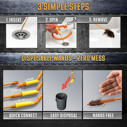 FlexiSnake Pro Drain Weasel Sink Snake Cleaner with New Molded Tip - 18″ - Drain Snake Clog Remover Tool with Rotating Handle & 5 Wand Refills - Easy to Use on Drains & Grates - Made in USA - 5-Pack