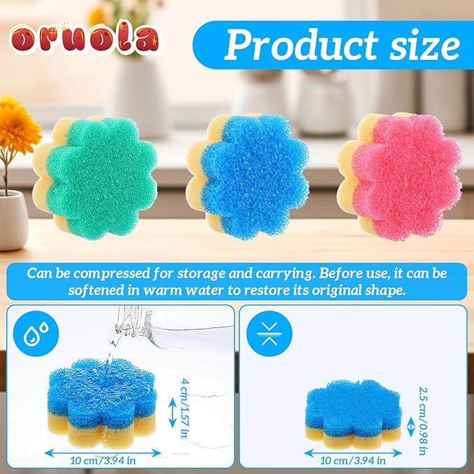 3pcs Scrubbies for Dishes,Kitchen Scrub Pads,Dish Washing Sponge,Dual-Sided Temperature Scrubby Sponges,Flower Dual-Sided Sponge for Dish,Bathroom,Kitchen,Washing & Plus,Multipurpose