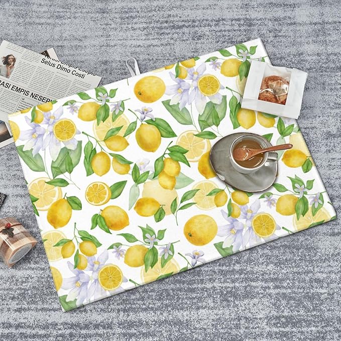 Lemon Dish Drying Mat for Kitchen Counter Microfiber Absorbent Dish Draining Reusable Washable Extra Large 24" x 18" (Lemon, 18x24in)