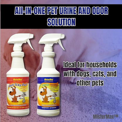Mister Max Anti Icky Poo Enzyme Cleaner Spray Combo - Pet Urine Odor Remover & Tough Stain Remover with P-Bath (Urine Pre-Treat Conditioner)