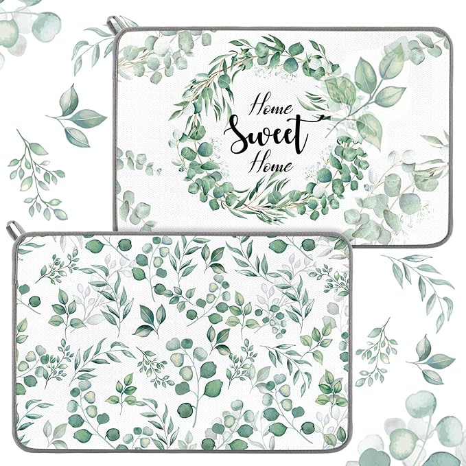 Zonon Dish Drying Mat for Kitchen Counter 16 x 24 Microfiber Absorbent Dish Drainer Rack Pads Fast Dry Mat Vintage Kitchen Decorations(Green,16" X 24",Eucalyptus Leaves)