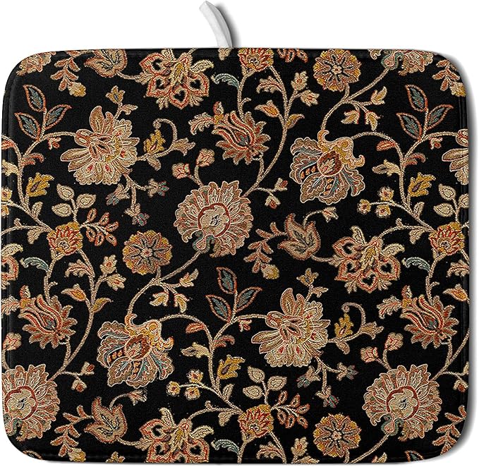 Vintage Tapestry Floral Dish Drying Pad 16 x 18 Inch With Absorbent Reversible Microfiber Black Brown Boho Carpet Flowers Drying Mats Dish Drainer Mat Fast Dry For Kitchen Dining Room Decoration