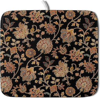 Vintage Tapestry Floral Dish Drying Pad 16 x 18 Inch With Absorbent Reversible Microfiber Black Brown Boho Carpet Flowers Drying Mats Dish Drainer Mat Fast Dry For Kitchen Dining Room Decoration