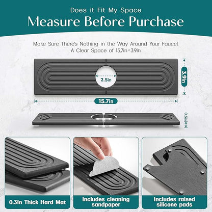 Eormoe Kitchen Sink Faucet Mat - 15.7in Diatomite Sink Protectors for Kitchen Sink, Stone Sink Splash Guard for Kitchen Counter Sink Accessories (Dark Grey, 15.7'' x 3.9'')