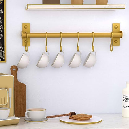 Dseap Kitchen Utensil Holder Hanger, Pot and Pan Rack Wall Mounted, Kitchen Rail with 8 Hooks for Hanging Cooking Utensils, Mugs, Spoons, Wall Mounted, Gold, Pack of 2
