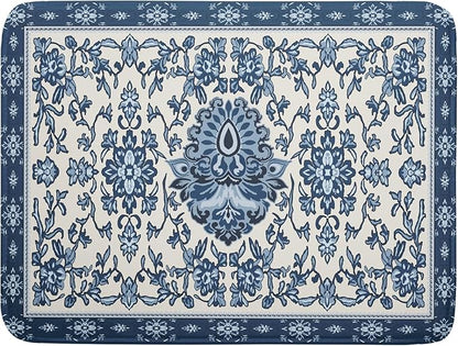 Boho Floral Blue Dish Drying Mat for Kitchen Counter 18x24 Vintage Chinoiserie Flower Print Absorbent Reversible Microfiber Drying Mats Kitchen Countertop Protector Dishes Drainer Rack Pad