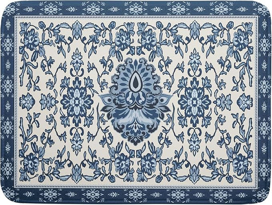 Boho Floral Blue Dish Drying Mat for Kitchen Counter 18x24 Vintage Chinoiserie Flower Print Absorbent Reversible Microfiber Drying Mats Kitchen Countertop Protector Dishes Drainer Rack Pad