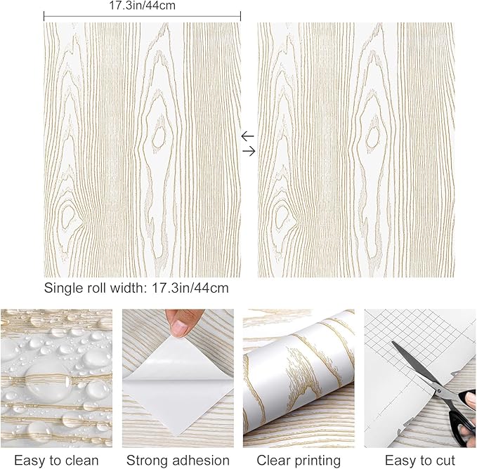 Yun-aeon White and Gold Wood Contact Paper 17.3"x200" Rustic Wooden Peel and Stick Wallpaper Removable Self-Adhesive Wallpaper Wood Grain Contact Paper for Countertops Cabinets