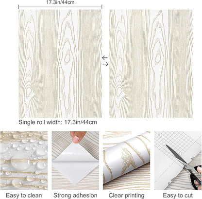 Yun-aeon White and Gold Wood Contact Paper 17.3"x200" Rustic Wooden Peel and Stick Wallpaper Removable Self-Adhesive Wallpaper Wood Grain Contact Paper for Countertops Cabinets