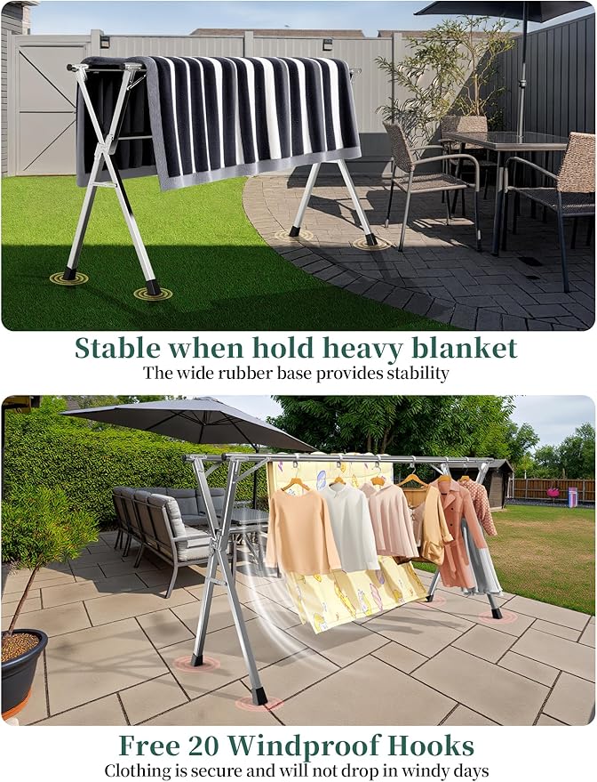 79 Inches Heavy-Duty Stainless Steel Folding Clothes Drying Rack Clothing Indoor Outdoor Anti-Rust 20 Windproof Hooks Portable & Foldable Laundry Rack (79'')