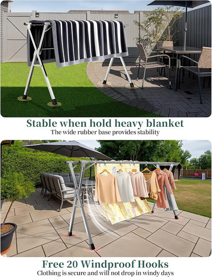 79 Inches Heavy-Duty Stainless Steel Folding Clothes Drying Rack Clothing Indoor Outdoor Anti-Rust 20 Windproof Hooks Portable & Foldable Laundry Rack (79'')