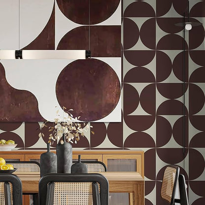 Dimoon 393"x17.3"Peel and Stick Wallpaper Geometric Contact Paper Vintage Dark Red Beige Wall Paper Removable Square Waterproof Self Adhesive Wall Covering for Bedroom Shelf Liner Decal Vinyl Roll