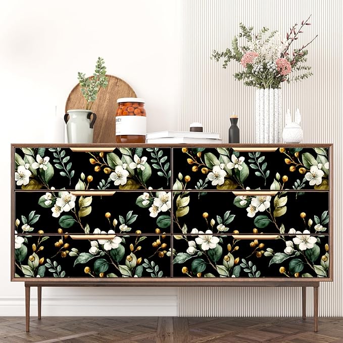 Black Floral Wallpaper Peel and Stick, Vintage Dark Green Leaves with White Flower Pattern Self Adhesive Wall Paper for Bedroom Cabinet Cubicle, Waterproof Classic Contact Paper 17.5In x 118In