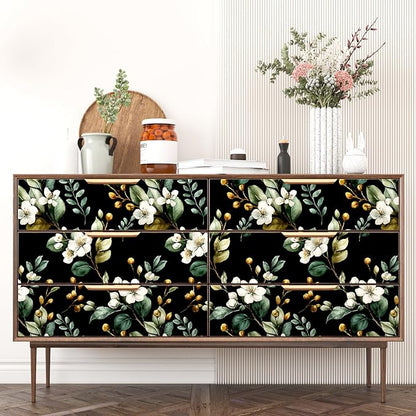 Black Floral Wallpaper Peel and Stick, Vintage Dark Green Leaves with White Flower Pattern Self Adhesive Wall Paper for Bedroom Cabinet Cubicle, Waterproof Classic Contact Paper 17.5In x 118In