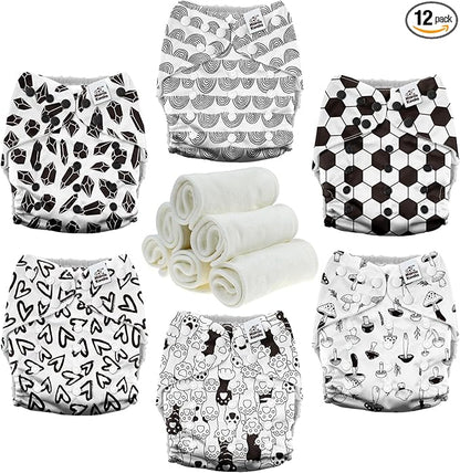 Mama Koala 3.0 Cloth Diapers for Babies with AWJ Lining, 6 Pack with 6 Natural Cloth Diaper Inserts - Reusable and Washable Pocket Diapers (Black & White World)