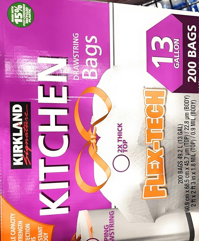 Worldwide Nutrition Bundle Compatible with Kirkland Signature Flex-Tech 13 Gallon Kitchen Garbage Bags with Drawstring Closure - 200 Count Pack of Tall Trash Bags for Kitchen with Keychain