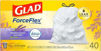 Glad Trash Bags, ForceFlex Tall Drawstring Garbage Bags, 13 Gallon White Trash Bags for Tall Kitchen Trash Can, Mediterranean Lavender with Febreze Freshness to Eliminate Odors, 40 Count (Pack of 2)