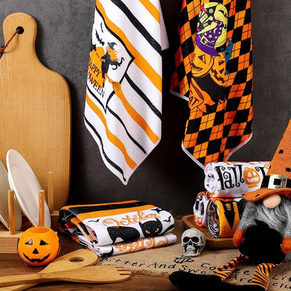 6 Pcs Halloween Kitchen Towels Buffalo Plaid Pumpkin Dish Towels 18 x 28 Inches Happy Halloween Boo Ghost Tea Towels Black Cat Spooky Bat Hand Towels for Halloween Party Decor Home Cooking Baking