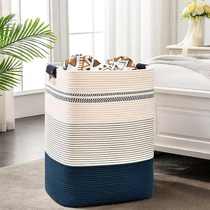Laundry Hamper, 85L Tall Laundry Basket with Leather Handles, Rectangle Large Clothes Hamper for Organizing, Cotton Woven Laundry Baskets Storage Hampers for Bedroom, Nursery, Living Room