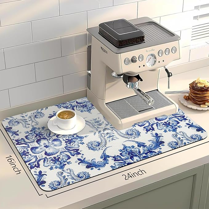 Bloss Dish Drying Mat, Multiple Usage Coffee Bar Mat, Kitchen Counter Mats, Absorbent Hide Stain Rubber Backed Dish Drying Pad(16.1"x24.1", Ink Cyan Flower)
