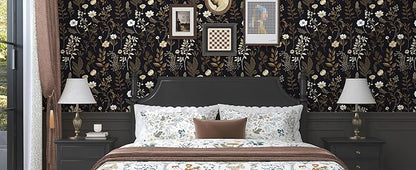 Vintage Adhesive Shelf Liner Contact Paper, 17.5" x 78" Black Floral Theme Wallpaper Boho Design for DIY Craft, Vinyl Removable Wallpaper for Dresser Dollhouse Cabinet Drawer in Dark Brown