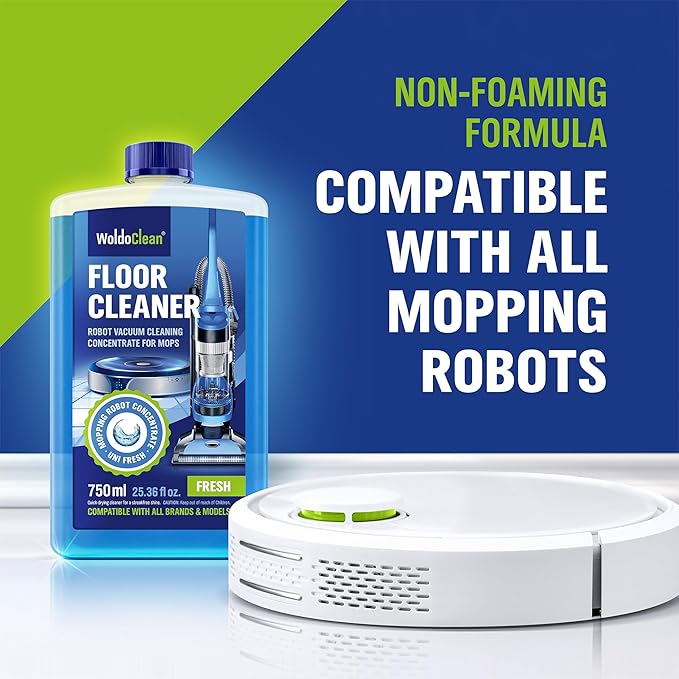 WoldoClean Floor Cleaner Solution for Robot Mops 25.36 fl.oz - Anti-Clog Formula Compatible with Roborock, Dreame, Roomba, Tineco, Professional Low-Foam Concentrate