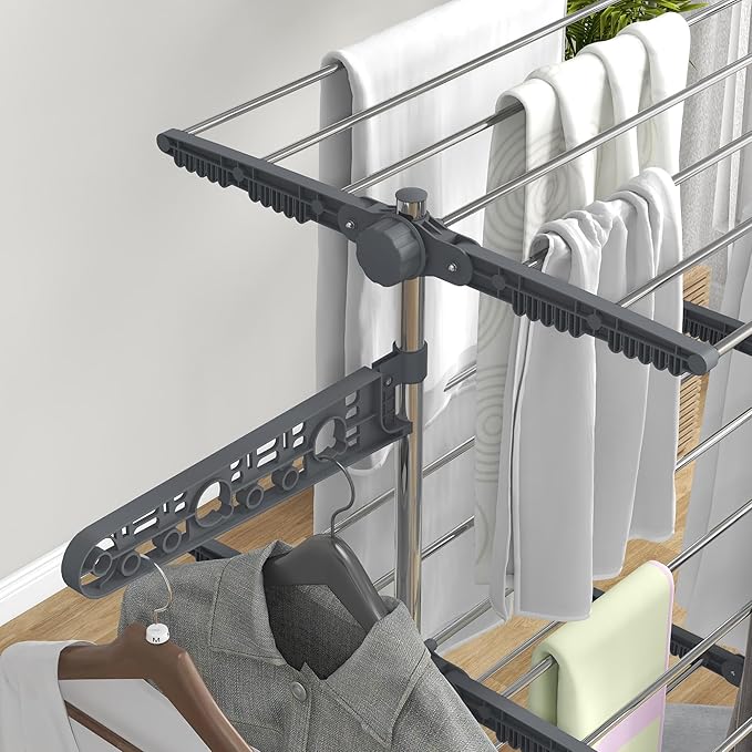 HOMCOM Folding Clothes Airer in Stainless Steel and Plastic, Space-Saving Vertical Drying Rack with 6 Wheels, Hooks and 3 Adjustable Shelves for Indoors, 142 x 55 x 152 cm, Silver Grey