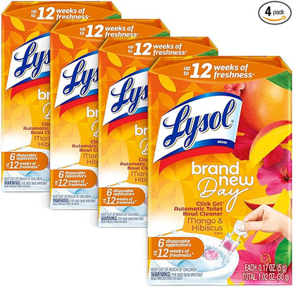 Lysol Click Gel Automatic Toilet Bowl Cleaner, Gel Toilet Bowl Cleaner, For Cleaning and Refreshing – Mango & Hibiscus, 6 applicators (Pack of 4, 24 Count Total)