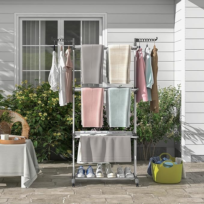 Tangkula 4-Tier Foldable Clothes Drying Rack, Oversized Drying Rack w/Lockable Wheels & Rust-Proof Metal Frame, Indoor Outdoor Large Drying Hanger w/Adjustable Gullwings, Movable Laundry Hanger
