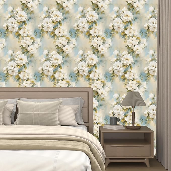 Floral Wallpaper Peel and Stick Vintage Beige Flowers Contact Paper Vinyl Waterproof Self Adhesive Removable Green leaf Modern Wall Murals for Bedroom Walls Shelves Cabinet Decoration 17.5" X 118"