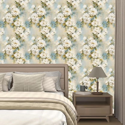 Floral Wallpaper Peel and Stick Vintage Beige Flowers Contact Paper Vinyl Waterproof Self Adhesive Removable Green leaf Modern Wall Murals for Bedroom Walls Shelves Cabinet Decoration 17.5" X 118"