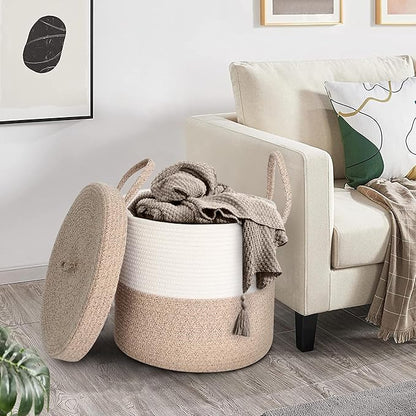 15”x13” Large Storage Basket with Lid, Blanket Basket Living Room, Woven Cotton Rope Baskets for Storage, Kids Toy Storage Bin, Tall Wicker Laundry Basket, Blankets Pillows Organizer Holder