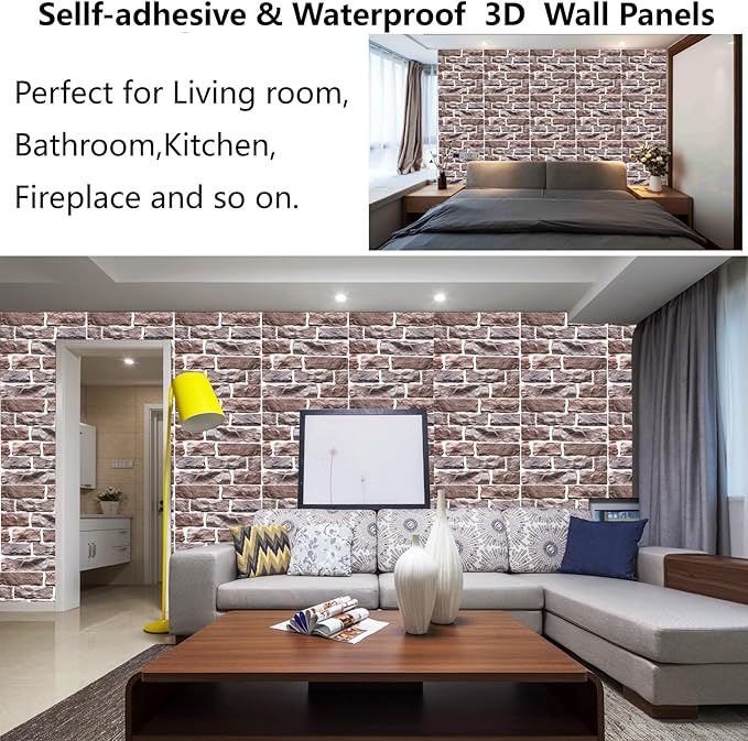 3D Wall Panels Peel and Stick,3D Brick Wallpaper Peel and Stick 10Pack Self-Adhesive Stone Waterproof PVC Wall Panels for Living Room,Interior, Lobby Bedroom(Light Brown Stone)