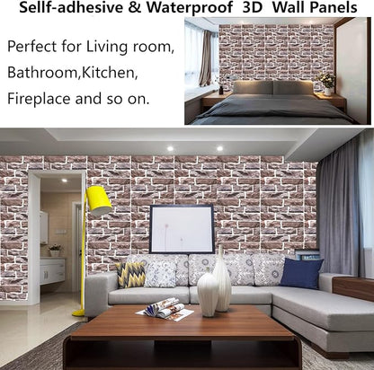 3D Wall Panels Peel and Stick,3D Brick Wallpaper Peel and Stick 10Pack Self-Adhesive Stone Waterproof PVC Wall Panels for Living Room,Interior, Lobby Bedroom(Light Brown Stone)