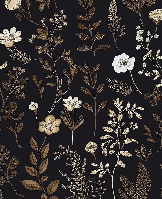 Vintage Adhesive Shelf Liner Contact Paper, 17.5" x 78" Black Floral Theme Wallpaper Boho Design for DIY Craft, Vinyl Removable Wallpaper for Dresser Dollhouse Cabinet Drawer in Dark Brown