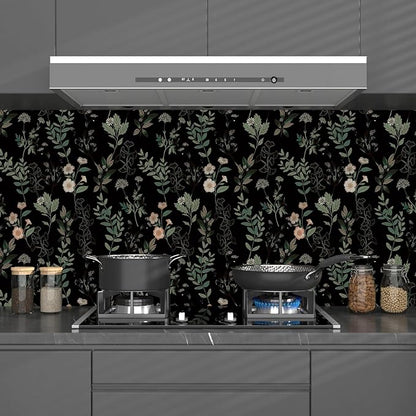 Fvlow Black Green Leaf Wallpaper Peel and Stick Vintage Taupe Green Floarl Contact Paper 17.4" X 118" Moody Wallpaper Waterproof Self-Adhesive Wall Covering for Bedroom Countertop Desk Cabinets Decor