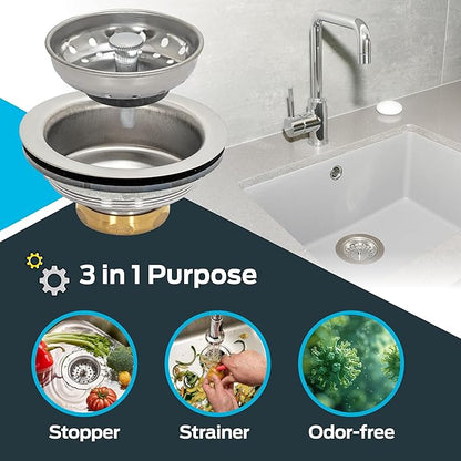 EZ-FLO Kitchen Sink Strainer Fits 3-1/2 Inch Opening, Sink Drain Assembly with Brass Slip-Joint Nut and Fixed-Post Basket, Stainless Steel, 30003