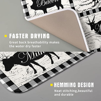 Farmhouse Animal Dish Drying Mat Buffalo Plaid Drainer Rack Mats Fast Dry Absorbent Kitchen Countertop Protector Dishes Pad 16x18 Inch