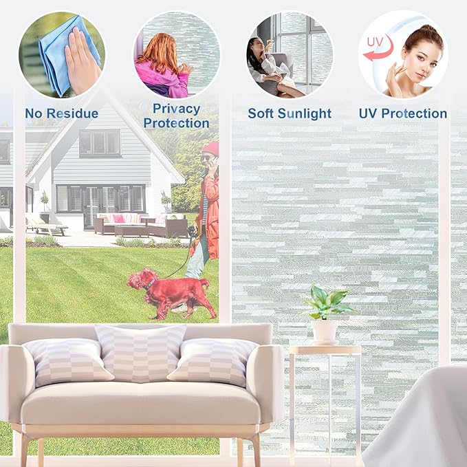 Frosted Glass Window Privacy Film Decorative, Bathroom Window Privacy Film for Glass Windows Cover, Static Cling, Removable, Reusable, Anti-UV, Anti-Glare, Heat Blocking, 17.5 Inch by 78.74 Inch