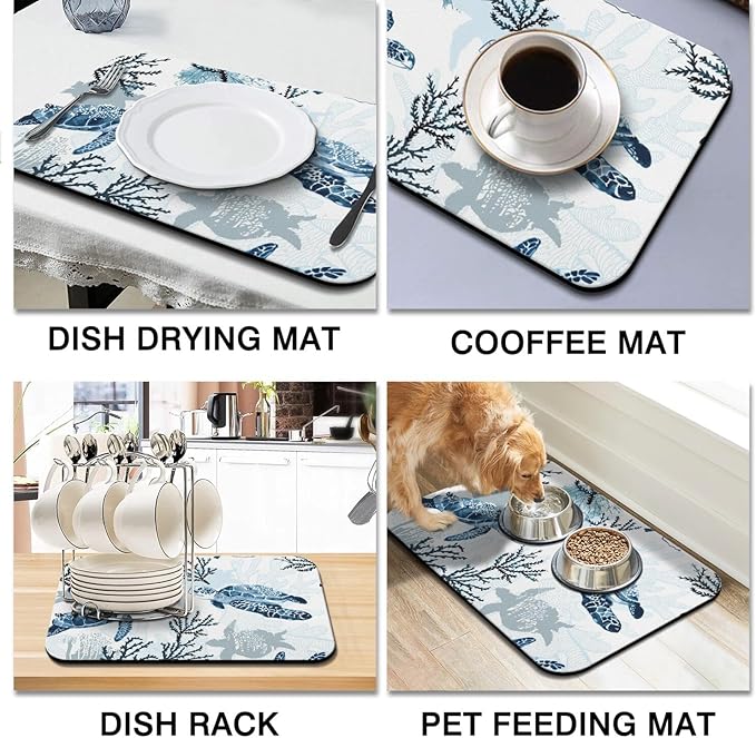 Dish Drying Mat for Kitchen Counter 2 Pack with Non-Slip Rubber Backing - Heat-Resistant Absorbent Coffee Bar Mat, Dish Rack Mat, Sea Turtle Dish Drying Mats 18x24+19.5x12 inch