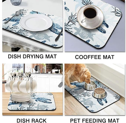 Dish Drying Mat for Kitchen Counter 2 Pack with Non-Slip Rubber Backing - Heat-Resistant Absorbent Coffee Bar Mat, Dish Rack Mat, Sea Turtle Dish Drying Mats 18x24+19.5x12 inch