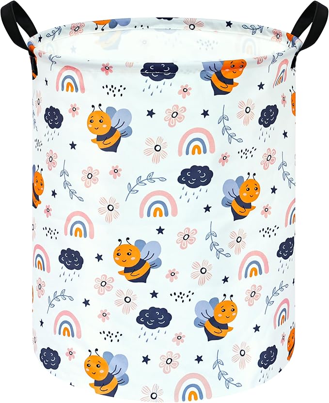 MAIZMZ Rainbow Bee Print Canvas Laundry Basket,Waterproof Storage Bin with Handles 15.7" D×19.7" H Foldable Toy Organizer Decor Gift Basket for Kids' Bedroom & Home Organization