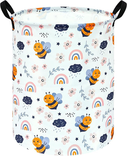 MAIZMZ Rainbow Bee Print Canvas Laundry Basket,Waterproof Storage Bin with Handles 15.7" D×19.7" H Foldable Toy Organizer Decor Gift Basket for Kids' Bedroom & Home Organization