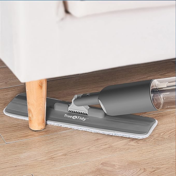 True & Tidy Spray Mop for Floor Cleaning Wet Spray Mop with 12 oz Refillable Bottle and 4 Washable Microfiber Pads Home or Commercial Use Dry Wet Flat Mop for Hardwood Laminate Wood Ceramic (Gray)